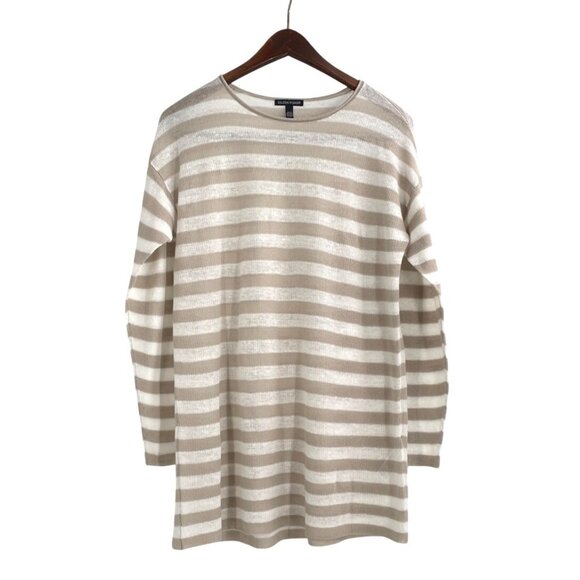 Eileen Fisher Womens Small Striped Organic Linen Blend Sweater Beige White - Picture 1 of 7